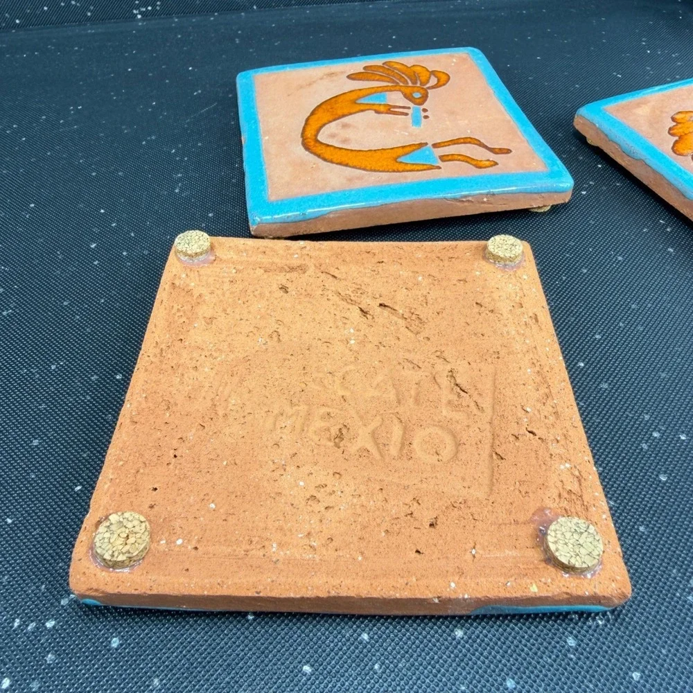 Tecate Mexico Kokopelli Terracotta Tiles Set of 4 Turquoise Orange 4in Coasters